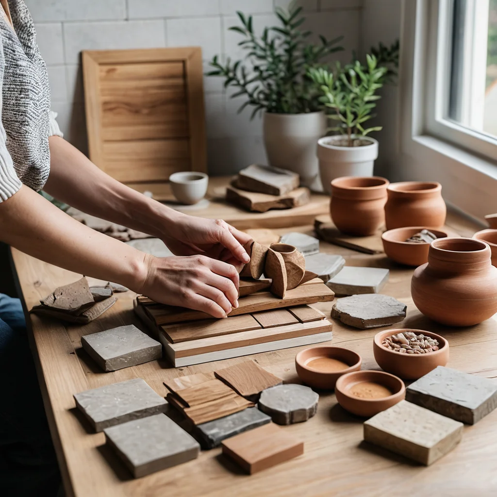Руки, выбирающие образцы натуральных материалов: деревянные планки, каменную плитку и глиняные горшки. Концепция выбора материалов для интерьера, демонстрирующая тактильное исследование.