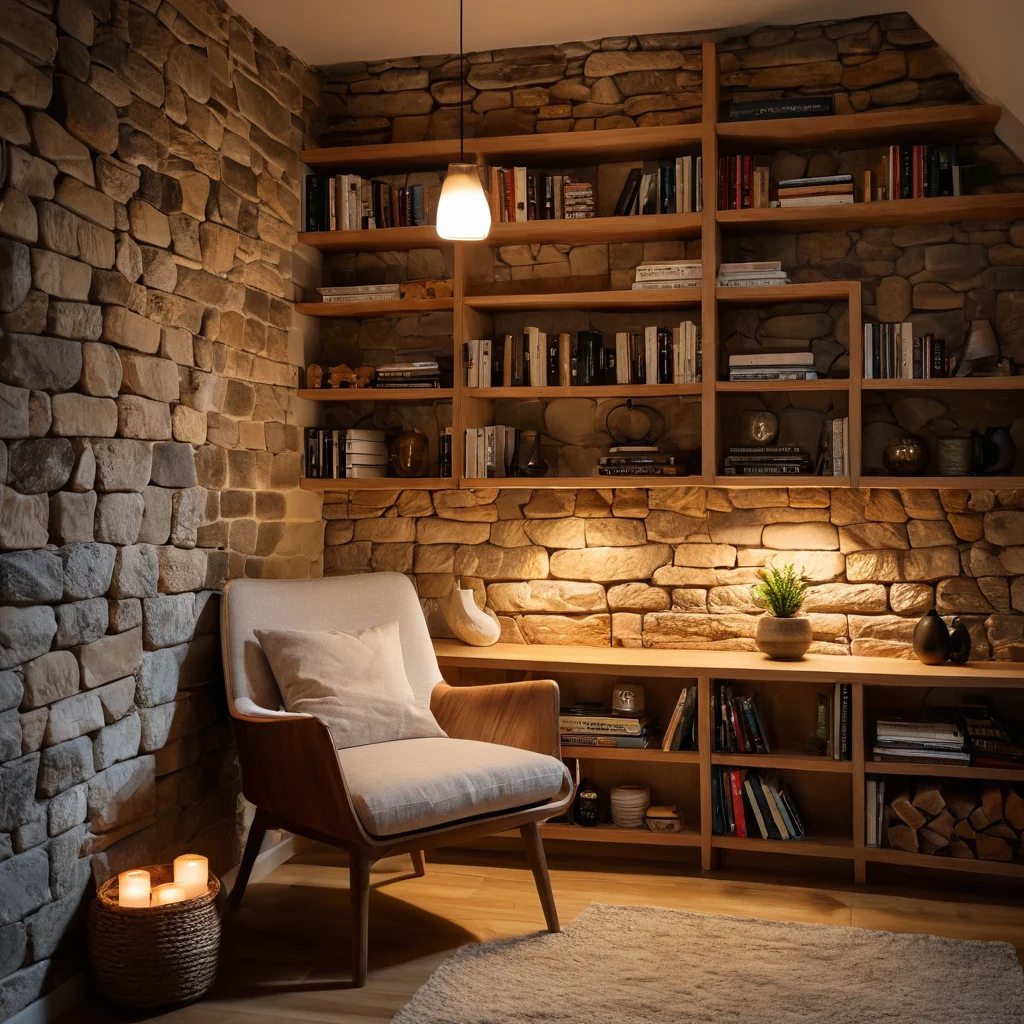 Уютный уголок для чтения с теплым рассеянным светом от подвесного светильника, освещающего деревянную книжную полку у каменной стены. Мягкие тени создают интимную атмосферу.