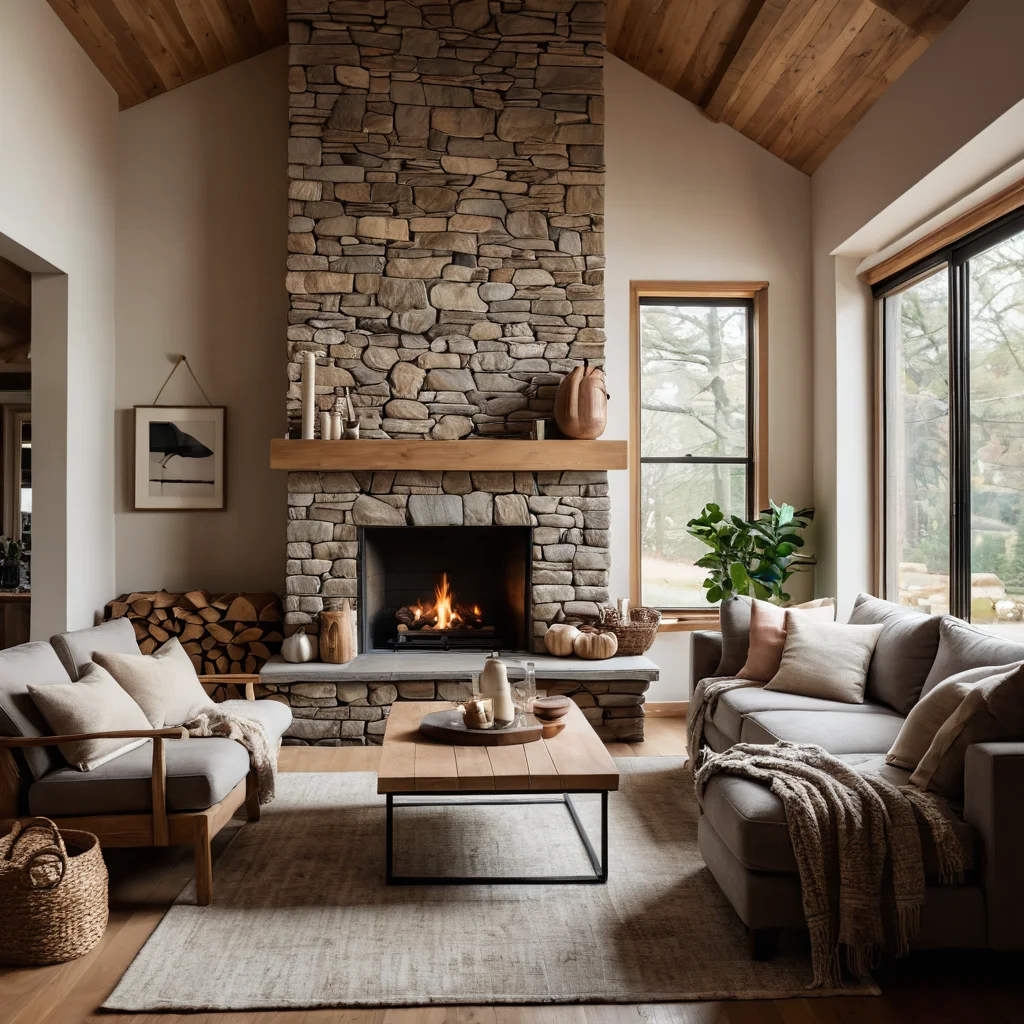Уютная гостиная с акцентами из натуральных материалов: деревянная мебель, каменный камин, мягкое теплое освещение, создающее атмосферу дома, где хочется жить.