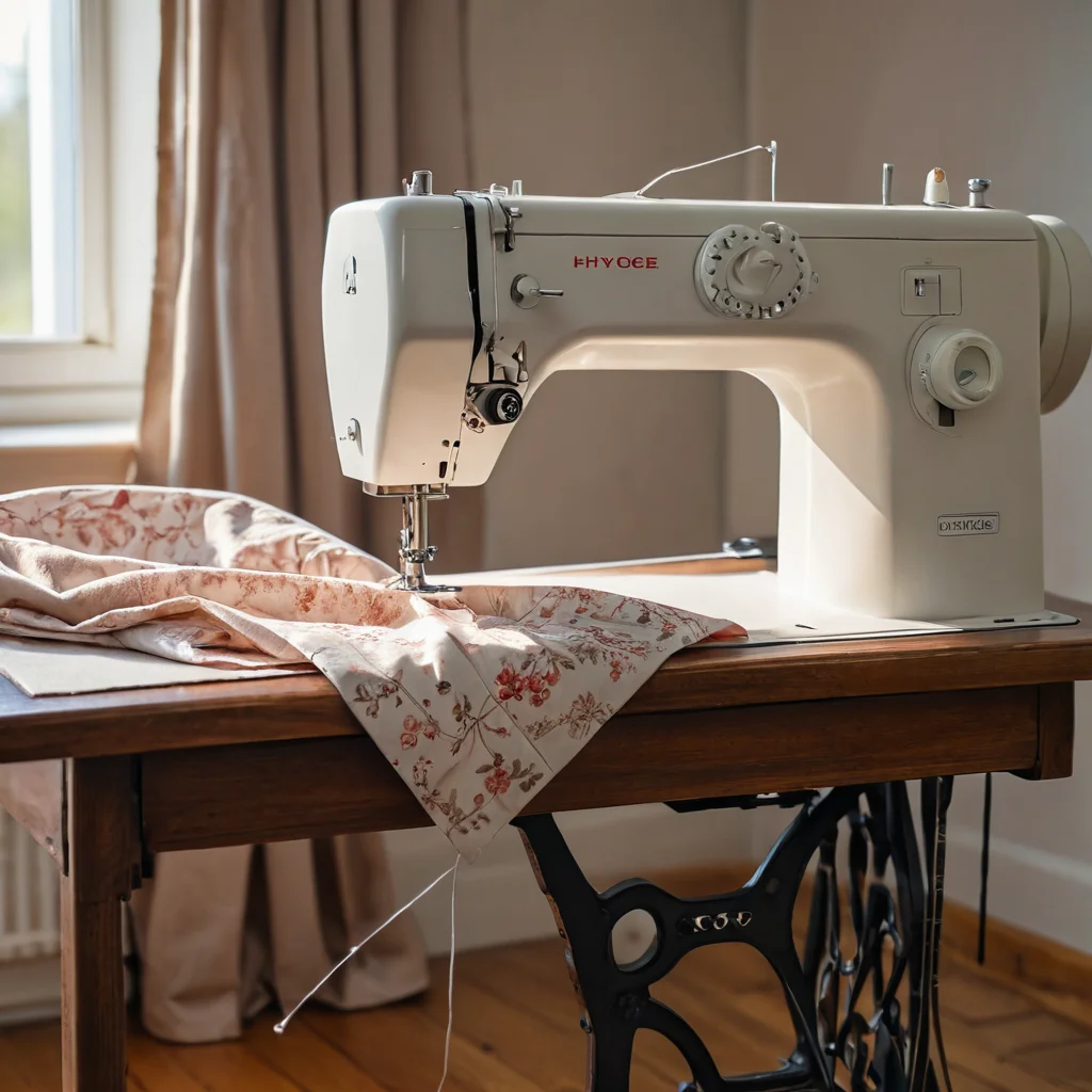 Крупный план швейной машины, строчащей ткань, формируя клапан наволочки. Изображение иллюстрирует ключевой шаг мастер-класса по пошиву наволочки с запахом для новичков.