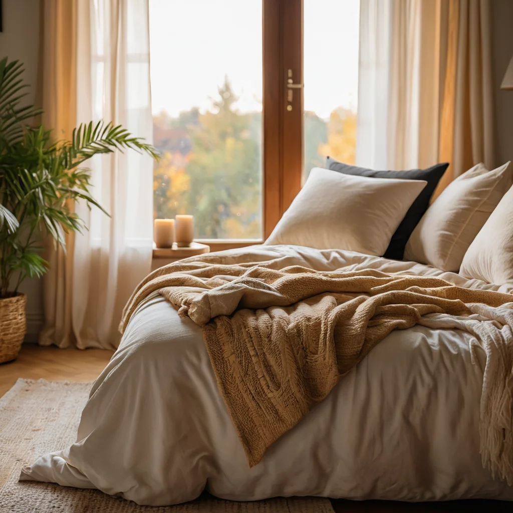 Крупный план рук, бережно прикасающихся к мягкой натуральной ткани, создающих уют. Изображение символизирует начало рукоделия и домашнего уюта, вдохновляя на создание наволочки своими руками.