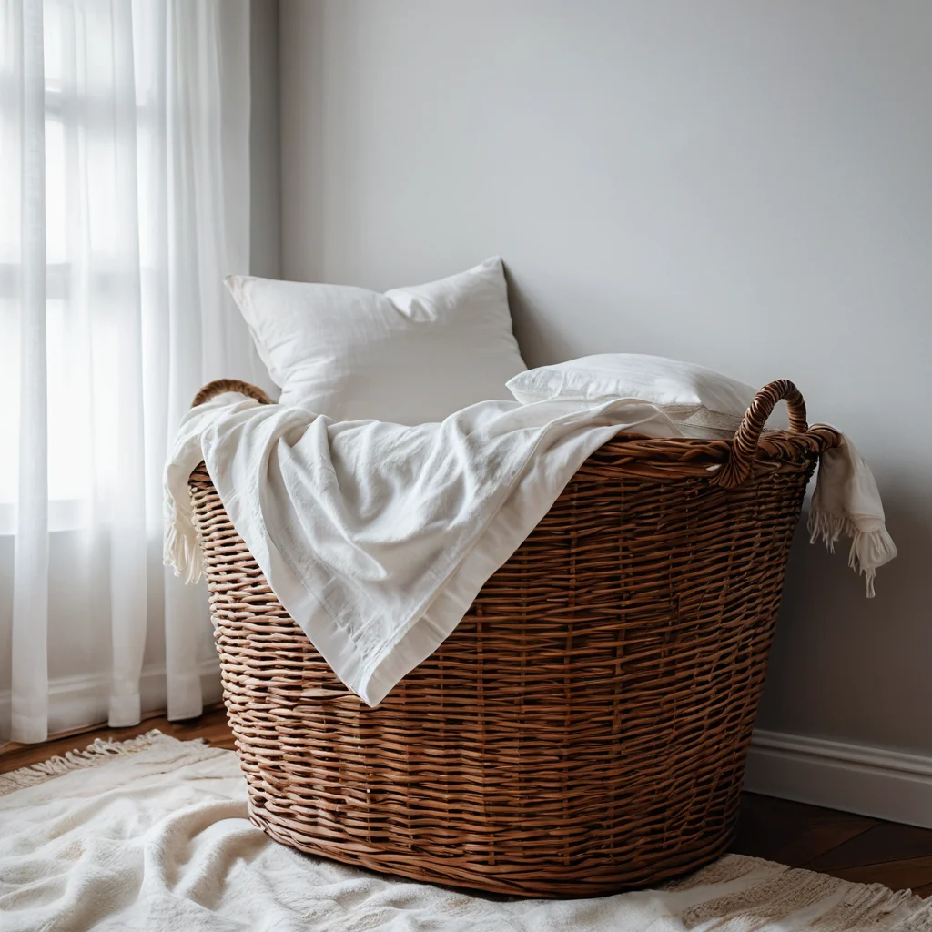 Свежевыстиранная наволочка ручной работы из натуральной ткани, аккуратно сохнущая в мягком свете. Изображение демонстрирует правильный уход за наволочкой для ее долговечности и сохранения уюта.