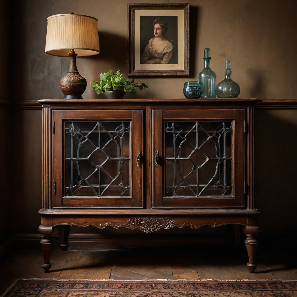 Старинный бабушкин сервант из темного дерева, покрытый легким слоем пыли, стоящий в уютном углу старого дома. Его резные детали и потускневшее стекло намекают на богатую историю, ожидающую преображения в стиле прованс.