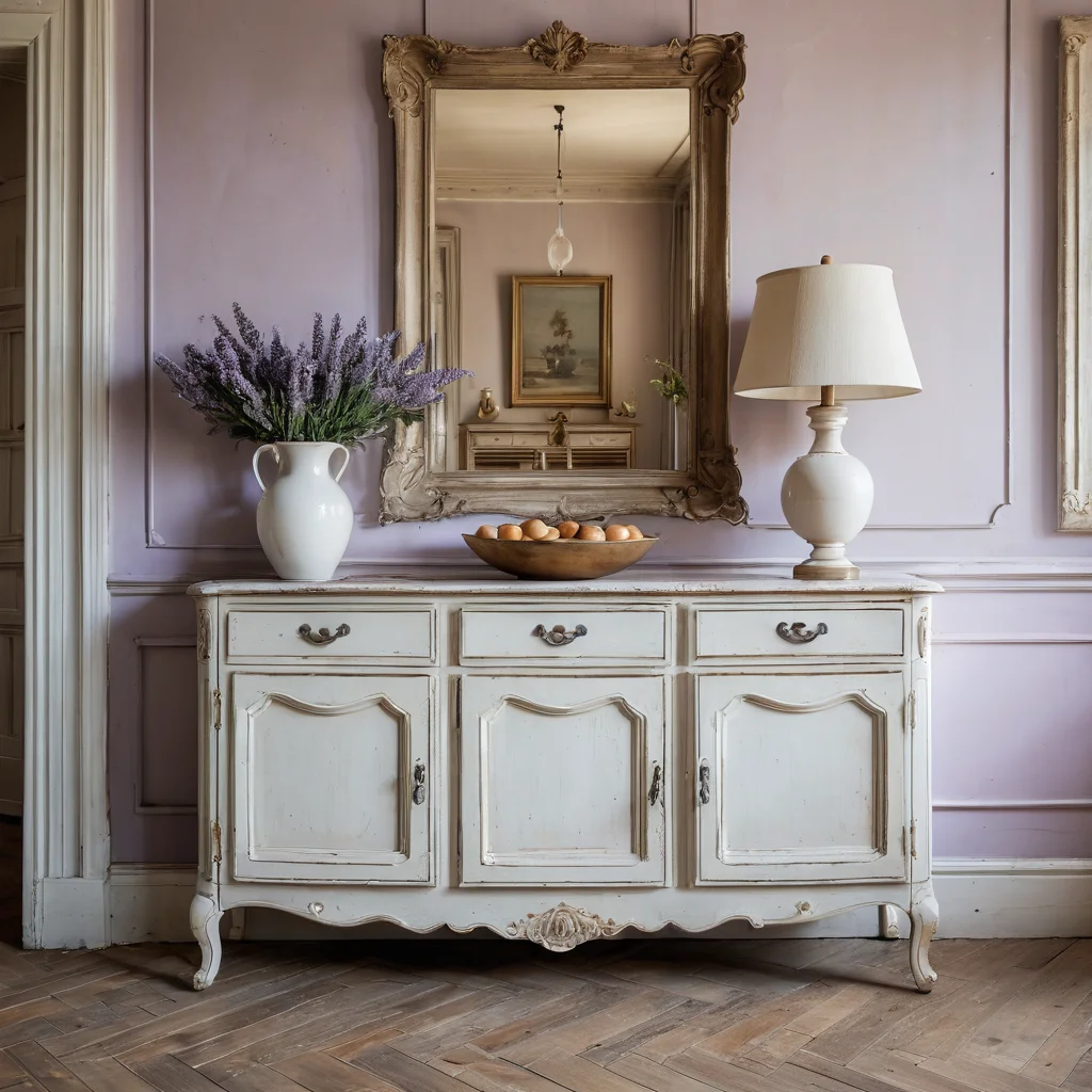 Уютная комната в стиле прованс с окном, заливающим пространство мягким светом. В центре композиции – обновленный бабушкин сервант светлого оттенка с эффектом состаривания, украшенный лавандой, демонстрирующий идеальное сочетание прованского стиля и старинной мебели.