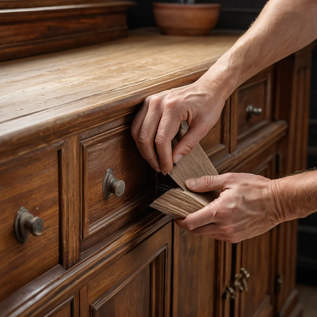 Крупный план: руки мастера бережно шлифуют поверхность старого бабушкиного серванта, удаляя старый лак. Видны древесные волокна и частички пыли, подчеркивающие тщательную подготовку мебели к новой жизни в стиле прованс.