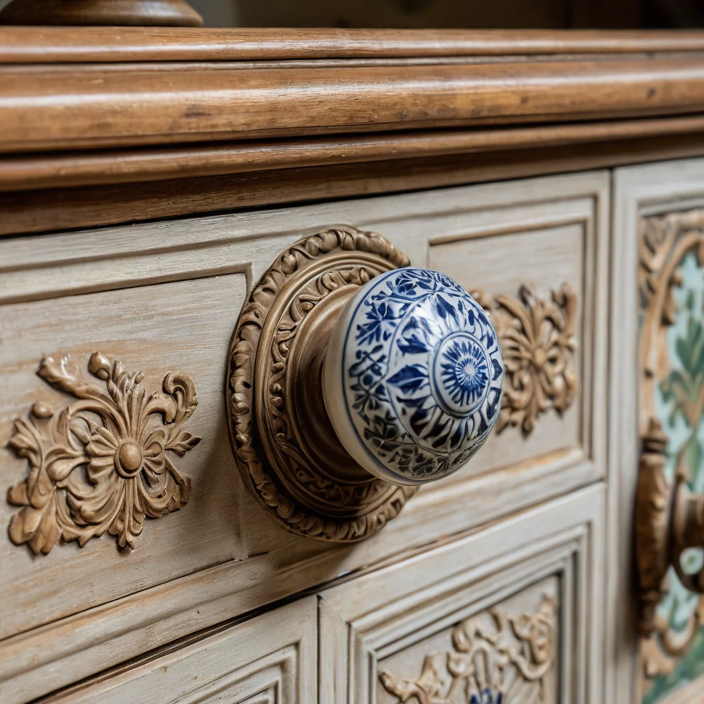 Крупный план: элегантная керамическая ручка, установленная на обновленный бабушкин сервант, рядом с тонким трафаретным узором. Эти финальные штрихи завершают создание аутентичной атмосферы прованса, делая сервант идеальным элементом декора.
