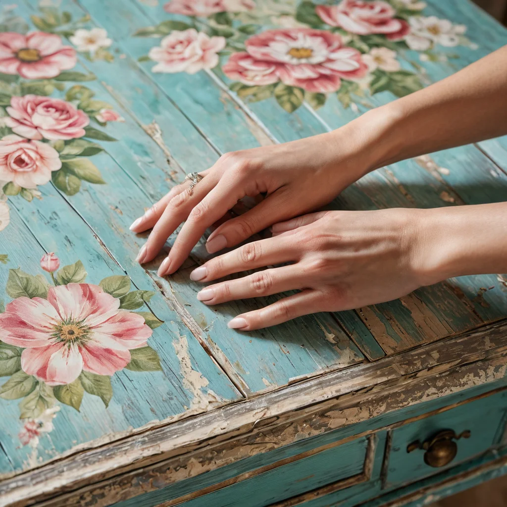Крупный план части обновленного бабушкиного серванта, демонстрирующего технику состаривания: потертости, мелкие трещинки и изящный декупаж с цветочным узором. Это придает серванту вид винтажной реликвии, идеально вписывающейся в стиль прованс.