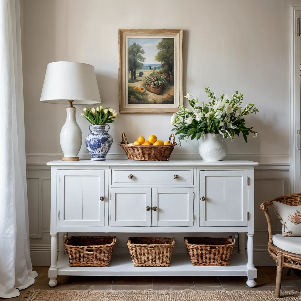 Просторная и светлая гостиная в стиле прованс, где центральное место занимает обновленный бабушкин сервант. Он украшен винтажной посудой, свежими цветами и текстилем, демонстрируя идеальные идеи размещения и сочетания с другим декором, создавая уютную атмосферу.