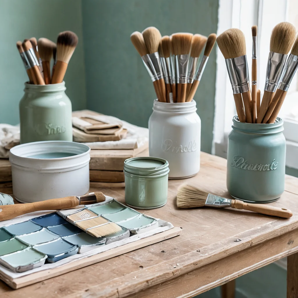На деревянном столе разложены баночки с красками пастельных оттенков (небесно-голубой, мятный, кремовый) и кисти, готовые к преображению бабушкиного серванта. Это идеальные материалы для создания аутентичного стиля прованс.