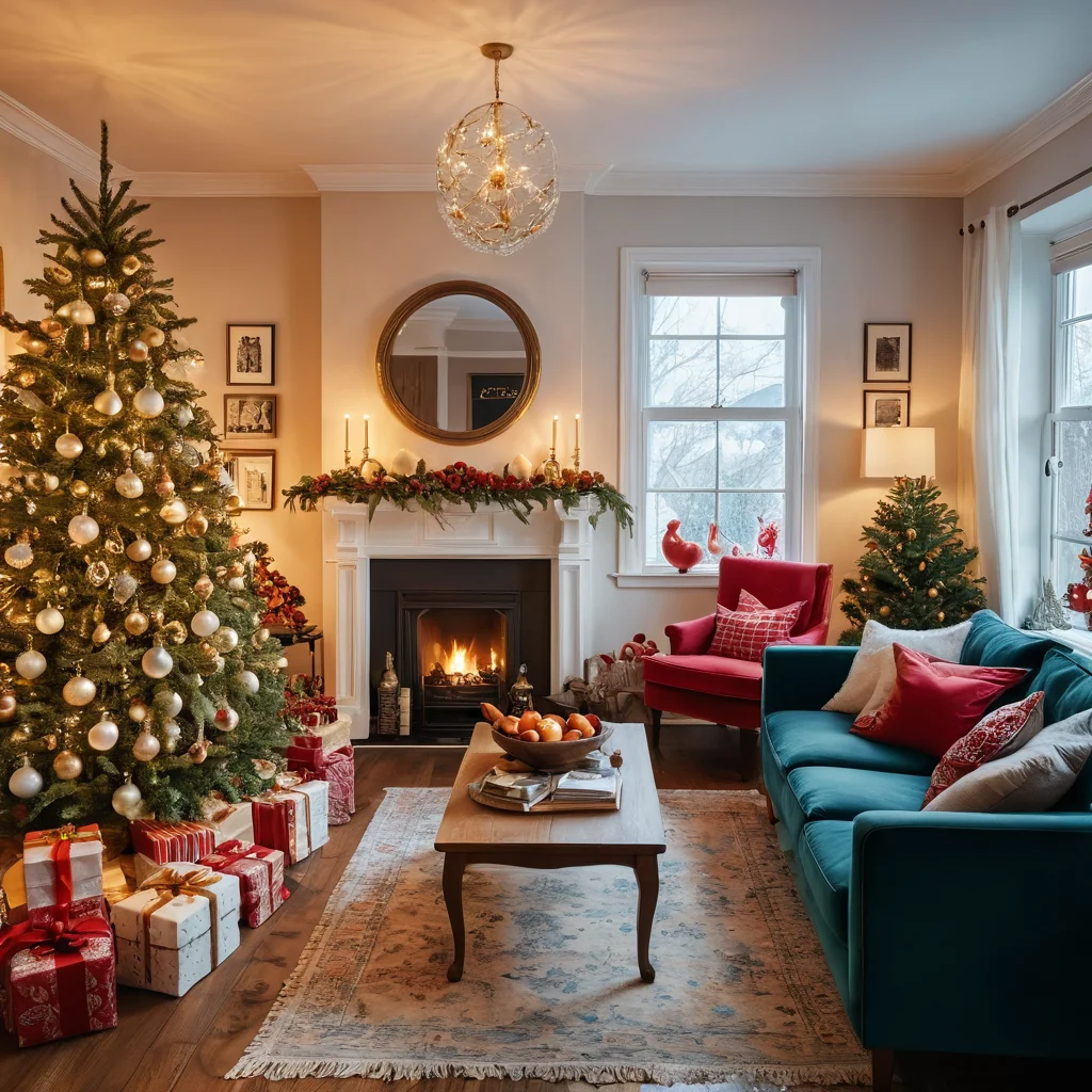 Изображение, демонстрирующее типичную ошибку в новогоднем декоре маленькой квартиры: комната с избытком крупных, не сочетающихся украшений, создающих ощущение перегруженности и визуального шума, которую легко избежать.