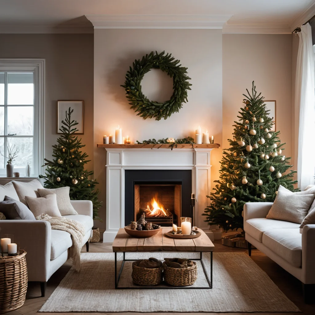 Уютная маленькая гостиная с элегантным новогодним декором, демонстрирующая, как создать праздничное настроение без беспорядка и перегруженности пространства в компактной квартире.