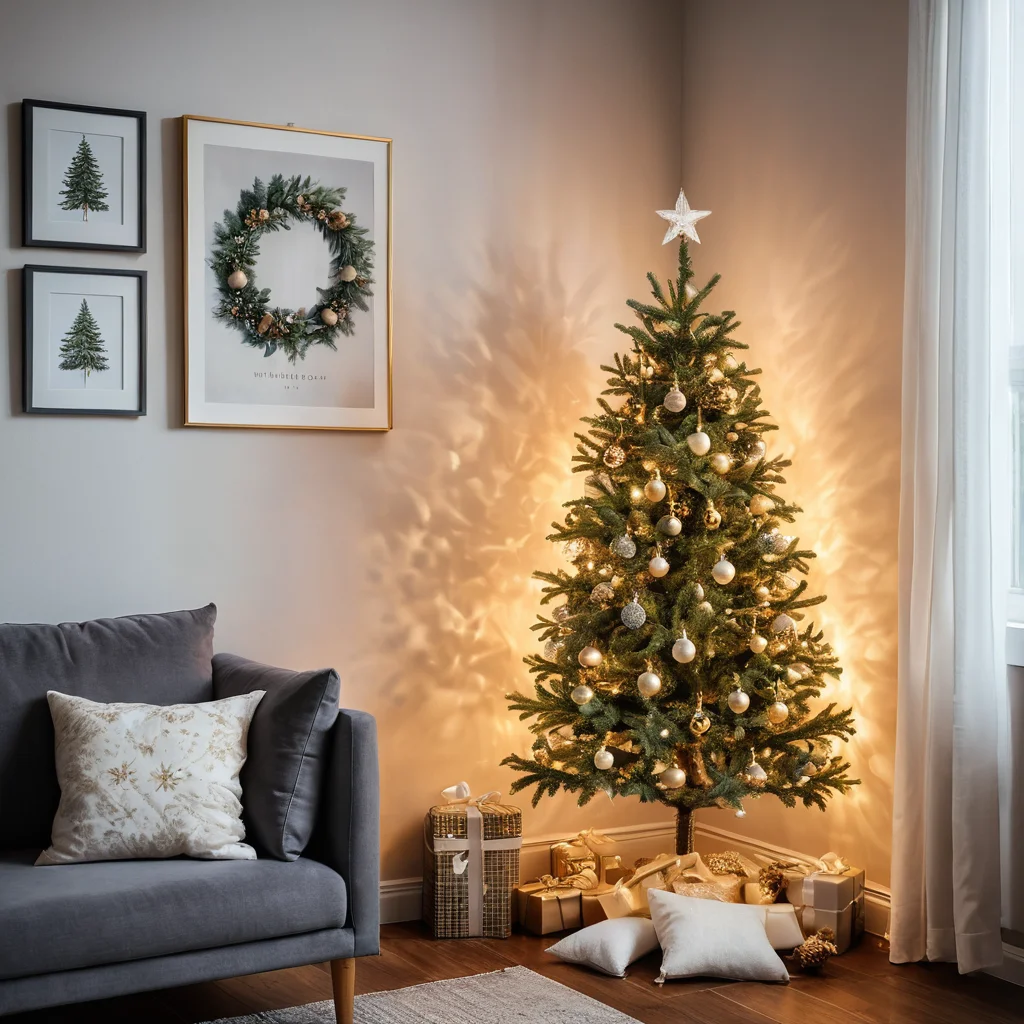 Стильная мини-елка или креативная альтернатива (например, елка из веток или гирлянд на стене) в углу небольшой комнаты, показывающая идеальный выбор главного символа Нового года для компактного пространства.