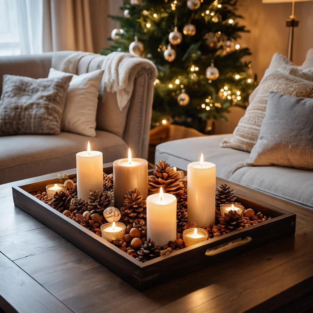 Изображение многофункционального новогоднего украшения в компактной квартире, например, декоративного подноса с праздничными свечами и закусками, который также может использоваться для хранения, подчеркивающее практичность и красоту в маленьком пространстве.