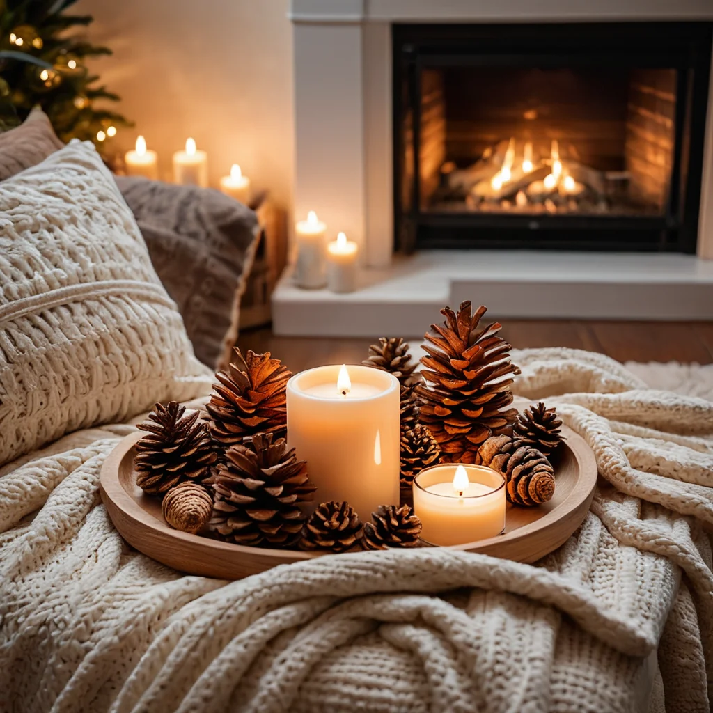 Крупный план деталей, создающих праздничную атмосферу в маленькой квартире: мягкий свет гирлянд, ароматические свечи в красивых подсвечниках и уютные текстильные акценты, создающие тепло без лишних предметов.