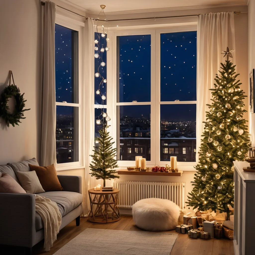 Крупный план окна в небольшой квартире, украшенного вертикальным новогодним декором: изящные гирлянды, подвесные елочные шары и светящиеся элементы, максимально использующие пространство стен и окон.