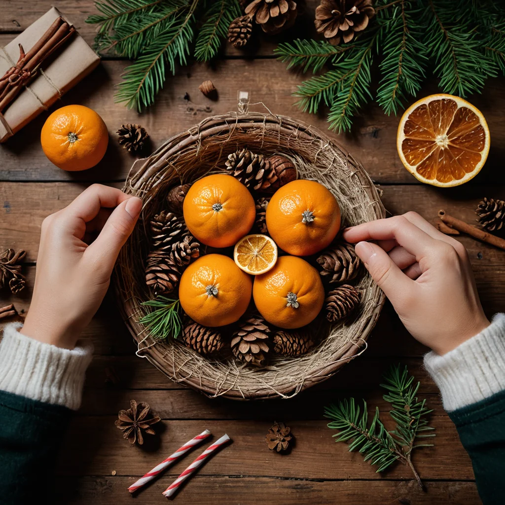 Крупный план рук, создающих уникальные новогодние украшения своими руками из натуральных материалов, таких как сушеные апельсины и шишки, демонстрируя процесс DIY-творчества для праздничного декора.