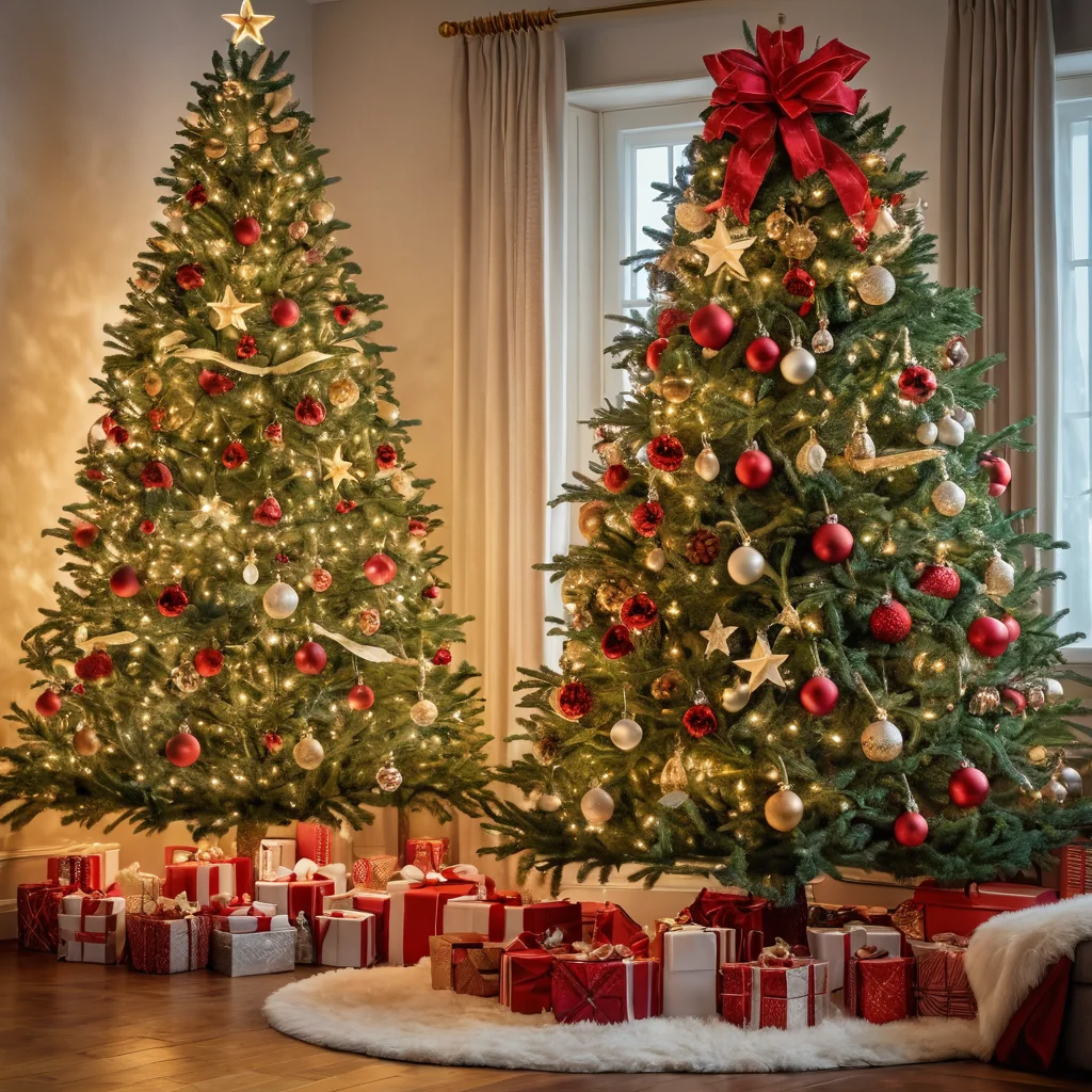 Идеально украшенная новогодняя елка с гармонично расположенными игрушками и гирляндами, человек добавляет последний штрих – звезду на верхушку, демонстрируя пошаговое оформление для праздничного дерева.