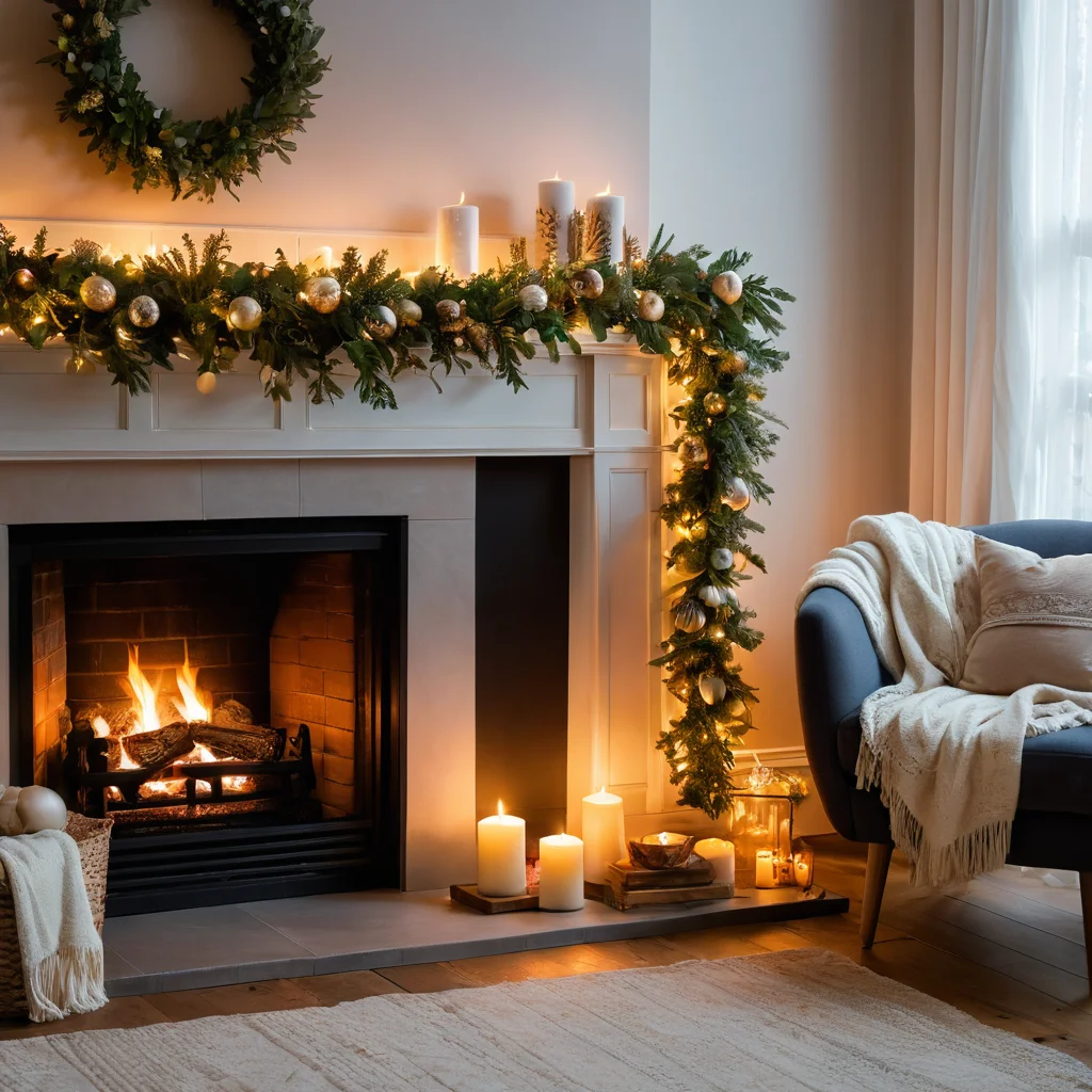 Уютная гостиная с мягким новогодним декором, теплым светом камина и гирлянд, пушистыми пледами и природными элементами, создающая атмосферу праздничной магии и домашнего уюта.