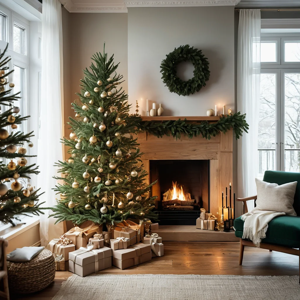 Современный новогодний декор в скандинавском стиле с преобладанием натуральных цветов и материалов, минималистичными украшениями, демонстрирующий трендовые решения для гармоничного оформления дома.