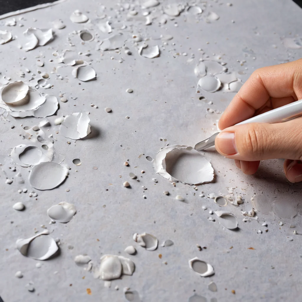 Изображение, демонстрирующее частые ошибки новичков в обратном декупаже: видны пузырьки воздуха под декупажной салфеткой или складки, рядом рука показывает на место, где можно избежать подобных проблем, предлагая профессиональное решение.