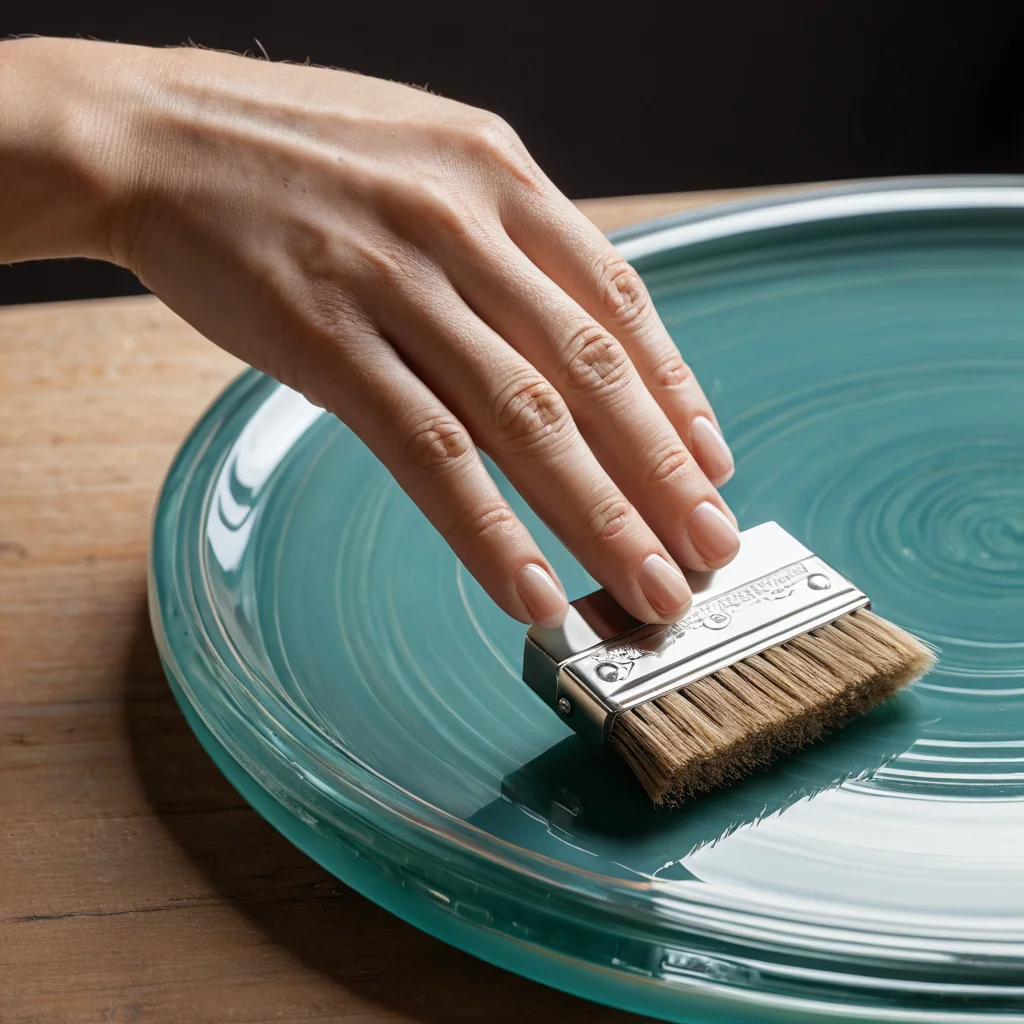 Крупный план рук мастера, наносящих защитный лак на обратную сторону стеклянной тарелки после декупажа. Изображение подчеркивает важность финишной обработки для закрепления рисунка и обеспечения долговечности изделия, раскрывая профессиональные секреты.