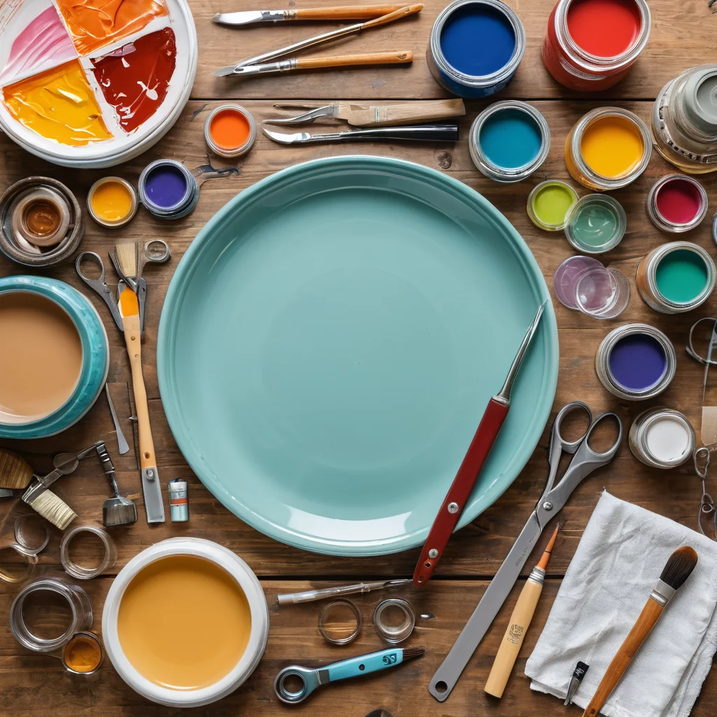 Натюрморт с аккуратно разложенными материалами и инструментами для обратного декупажа на стеклянной тарелке: декупажный клей, набор кистей, острые ножницы, яркие декупажные салфетки, акриловые краски, лак для финишного покрытия, готовые к использованию.