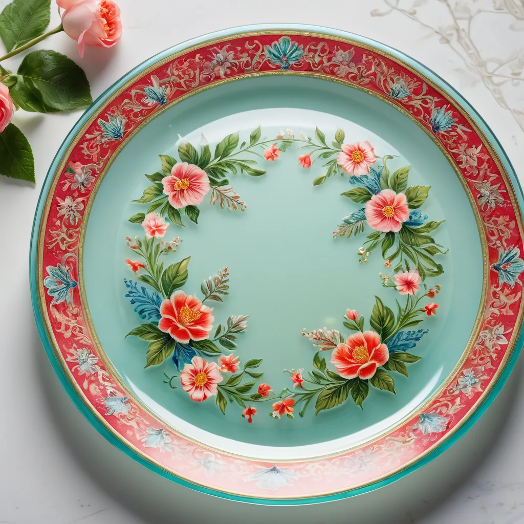 Изображение готовой стеклянной тарелки, выполненной в технике обратного декупажа, демонстрирующее ее красоту и идеальное применение для декора. Тарелка украшена изящным цветочным мотивом, видны мелкие детали и блеск стекла, подчеркивающий уникальность обратного декупажа.