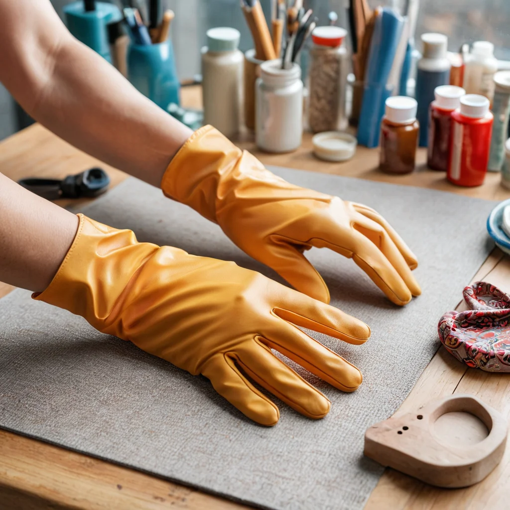 Изображение чистого и хорошо освещенного рабочего пространства для обратного декупажа. На столе лежит защитный коврик, перчатки, видны руки мастера, аккуратно готовящегося к работе, подчеркивая важность подготовки и техники безопасности для успешного проекта.