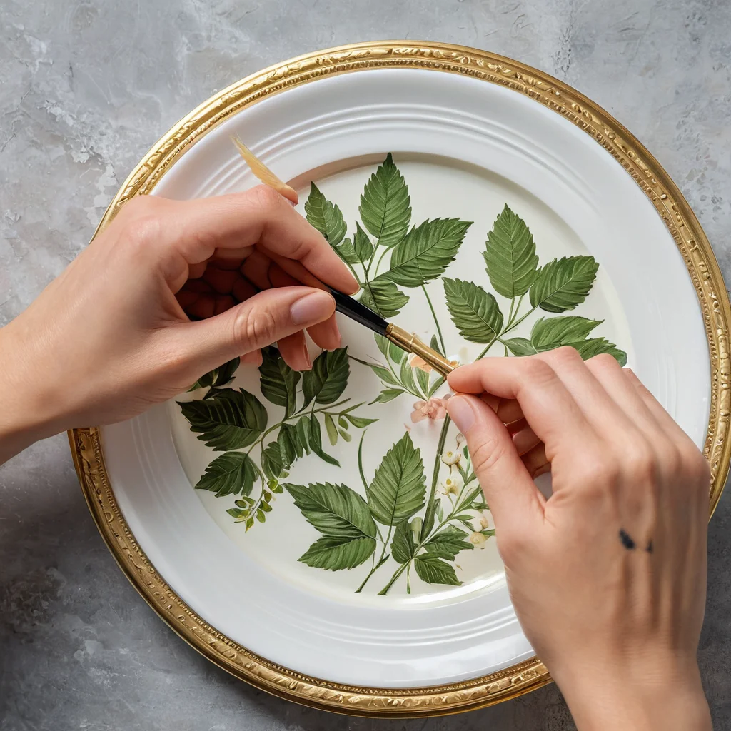 Крупный план рук, аккуратно наклеивающих вырезанные декупажные элементы на обратную сторону стеклянной тарелки с помощью кисти и специального клея. Изображение показывает ключевой этап мастер-класса по формированию композиции в обратном декупаже.