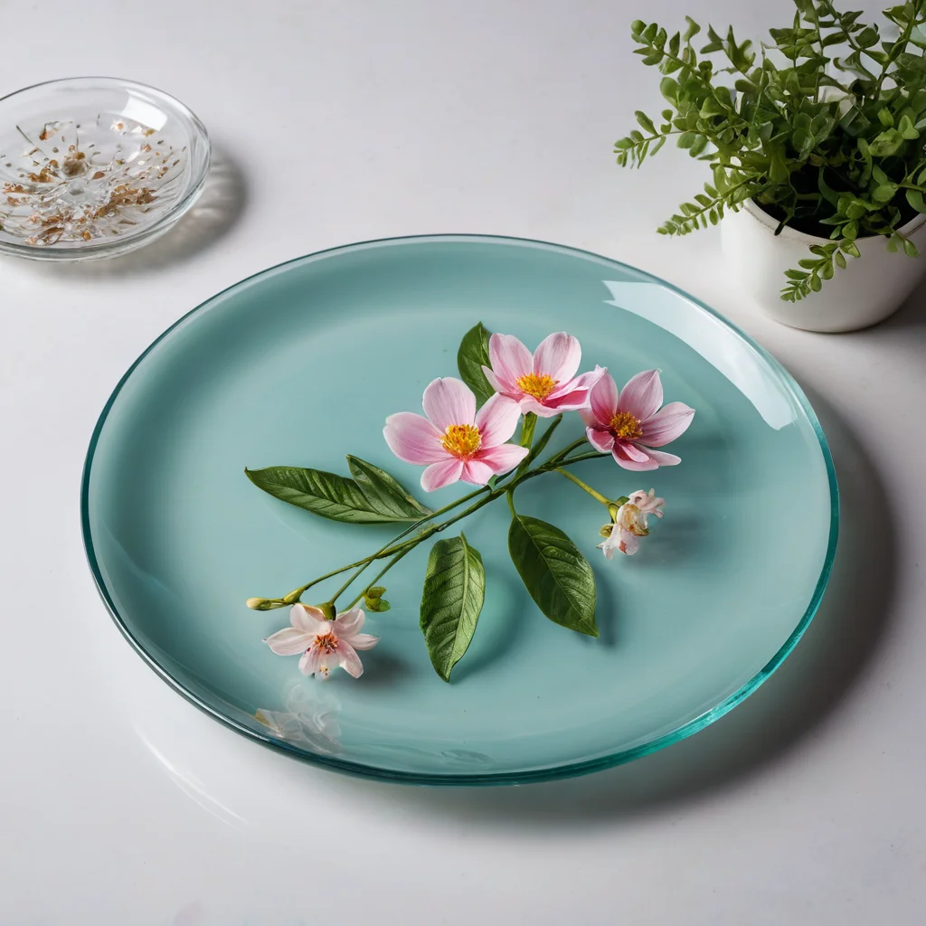 Изображение готовой стеклянной тарелки с обратным декупажем, аккуратно протираемой мягкой тканью, демонстрирующее ее красоту в интерьере. Фотография вдохновляет на уход за изделием и предлагает идеи для дальнейшего творчества и развития в технике обратного декупажа.