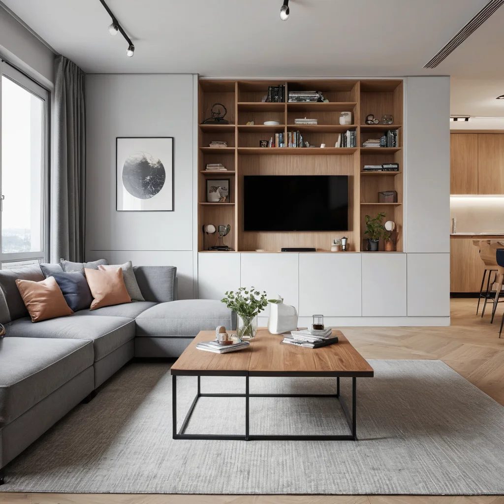 Фотореалистичное изображение гостиной в компактной квартире, где игровой стол для настольного хоккея аккуратно убран и интегрирован в многофункциональную мебель, демонстрируя продуманное решение для экономии пространства.