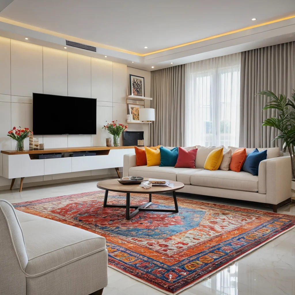 Фотореалистичное изображение гостиной в малогабаритной квартире, где игровая зона четко выделена с помощью яркого ковра и расположения модульного дивана, демонстрируя искусство зонирования пространства.