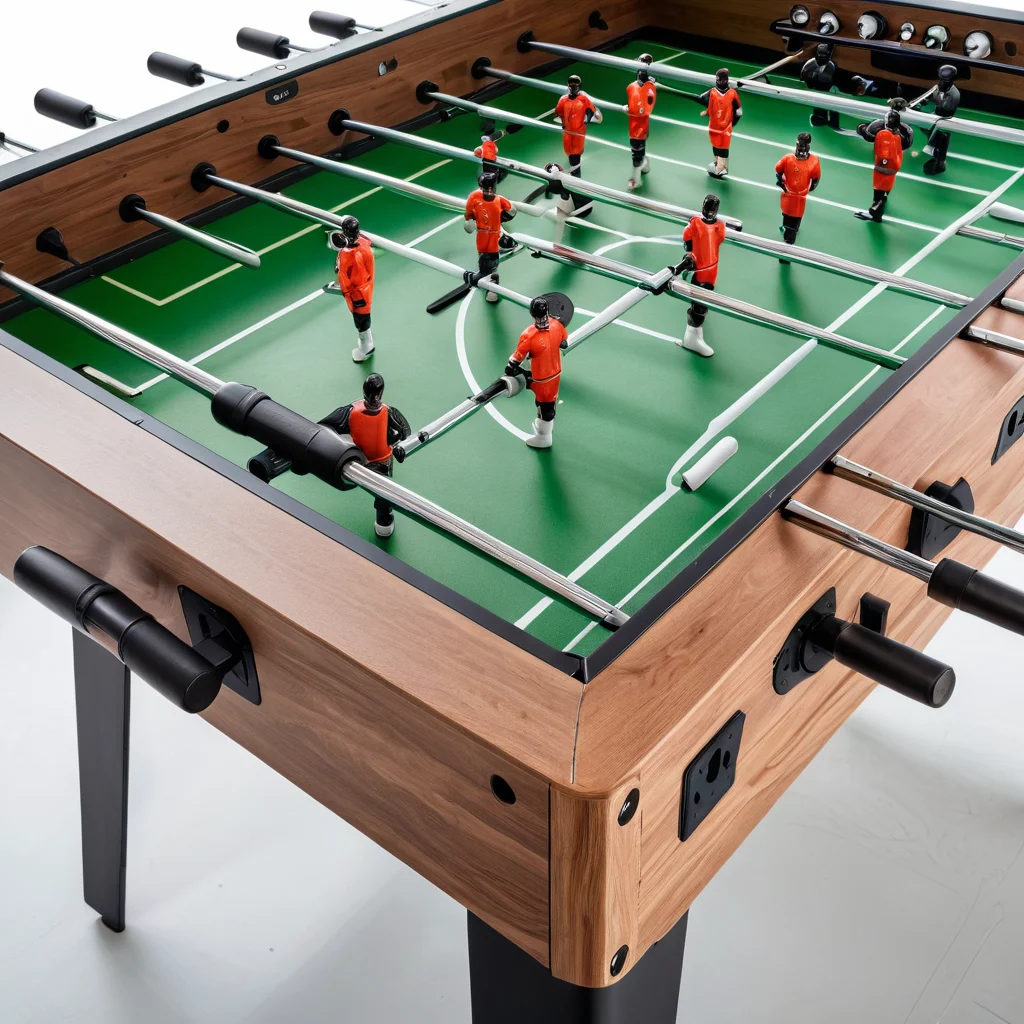 Фотореалистичный крупный план элегантного складного стола для настольного футбола, выполненного из современных материалов, с акцентом на компактность и встроенные системы хранения, подходящего для небольшой квартиры.