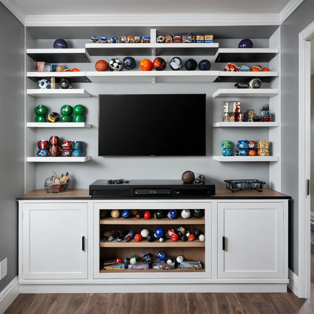 Фотореалистичное изображение аккуратно организованной системы хранения на стене в маленькой квартире, предназначенной для настольного хоккея, с полками и шкафчиками для шайб, мячей и миниатюрных игроков.