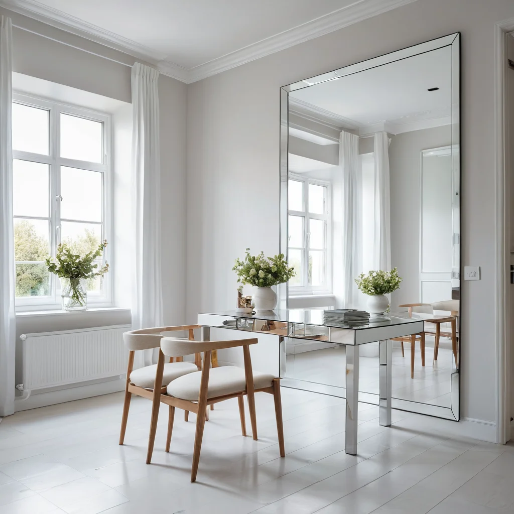 Фотореалистичное изображение светлой и просторной комнаты в небольшой квартире, где зеркала и светлая цветовая палитра создают иллюзию большего пространства вокруг компактной игровой зоны, делая ее неотъемлемой частью интерьера.