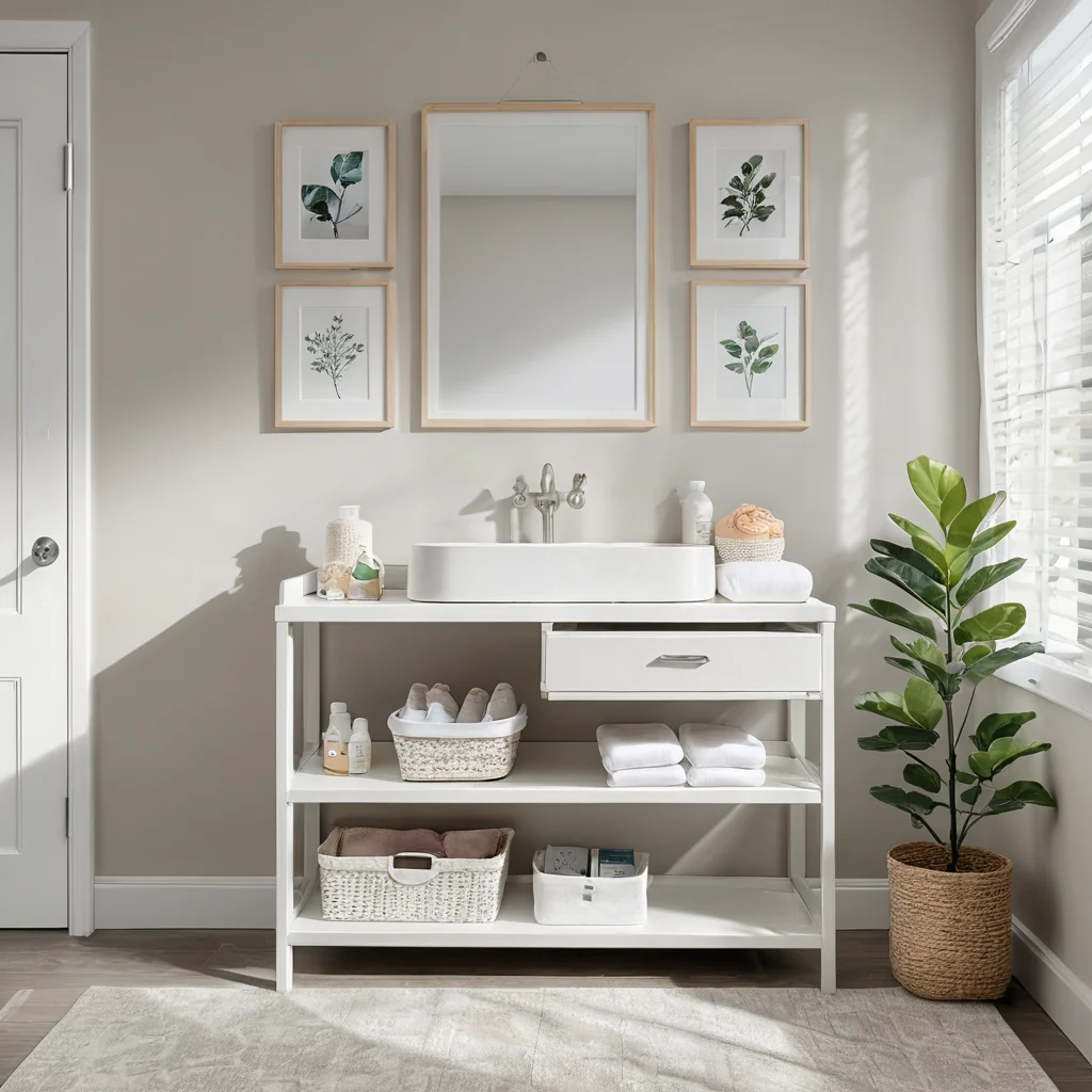 Эргономичная зона для пеленания ребенка, сочетающая безопасность и комфорт: устойчивый пеленальный столик с мягким матрасом и безопасными бортиками, расположенный в светлой и просторной детской комнате.