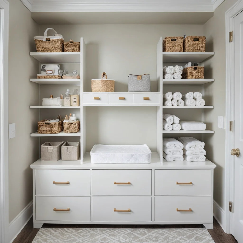 Оптимизированное хранение пеленальных принадлежностей: все необходимое (подгузники, салфетки, кремы) аккуратно организовано в ящиках и на полках рядом с пеленальным столиком, создавая порядок.