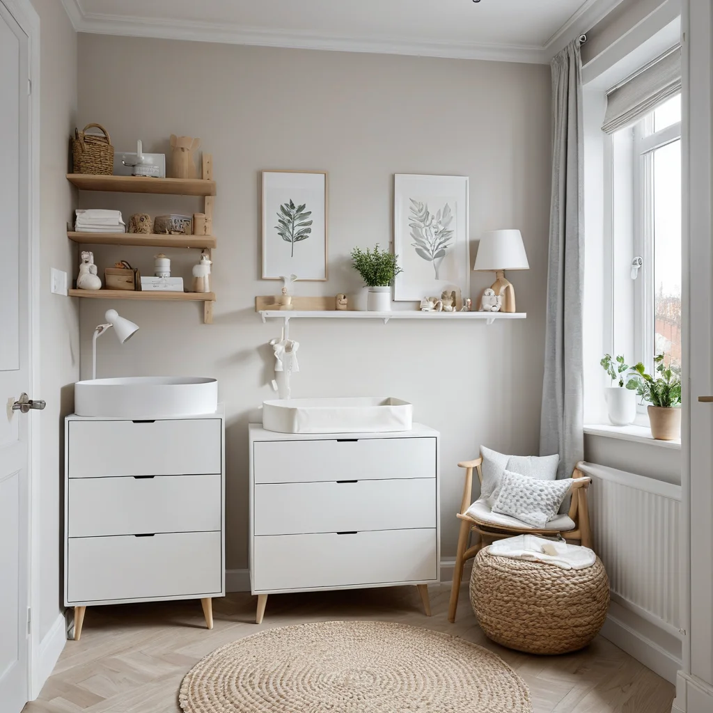 Уютный уголок для новорожденного в небольшой квартире, демонстрирующий умную организацию пространства для пеленания, с акцентом на стиль и функциональность в условиях ограниченного метража.