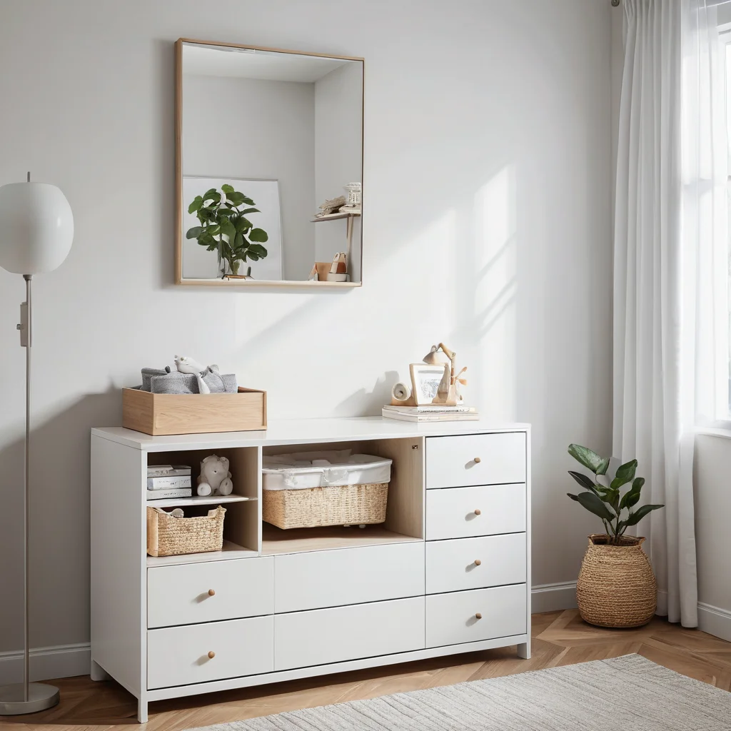 Многофункциональный пеленальный комод, идеально подходящий для маленьких пространств, с продуманными ящиками для хранения и удобной поверхностью для пеленания, в современном минималистичном дизайне.