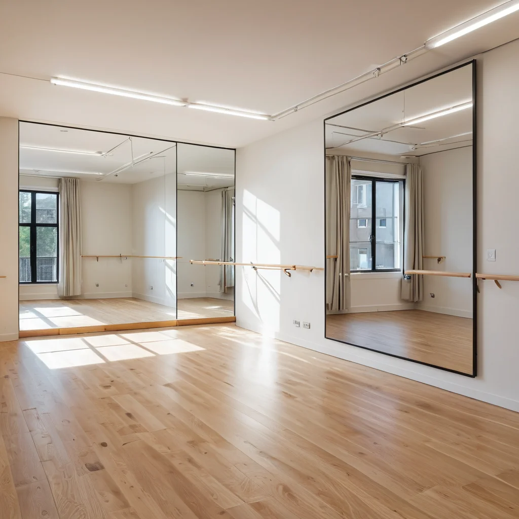 Фотореалистичное изображение небольшого танцевального репетиционного пространства в квартире с зеркалами, балетным станком, естественным и теплым искусственным освещением, акустическими панелями и пружинящим деревянным полом, создающее ощущение простора и профессионализма.