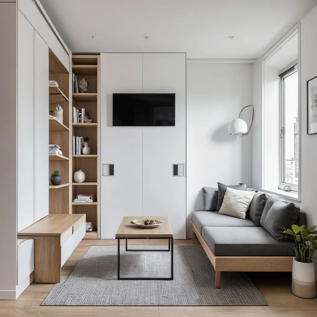 Фотореалистичное изображение трансформируемой мебели в маленькой музыкальной комнате квартиры: откидной настенный стол, модульные сиденья, пуф-сундук, демонстрирующее компактные и многофункциональные решения для экономии места.