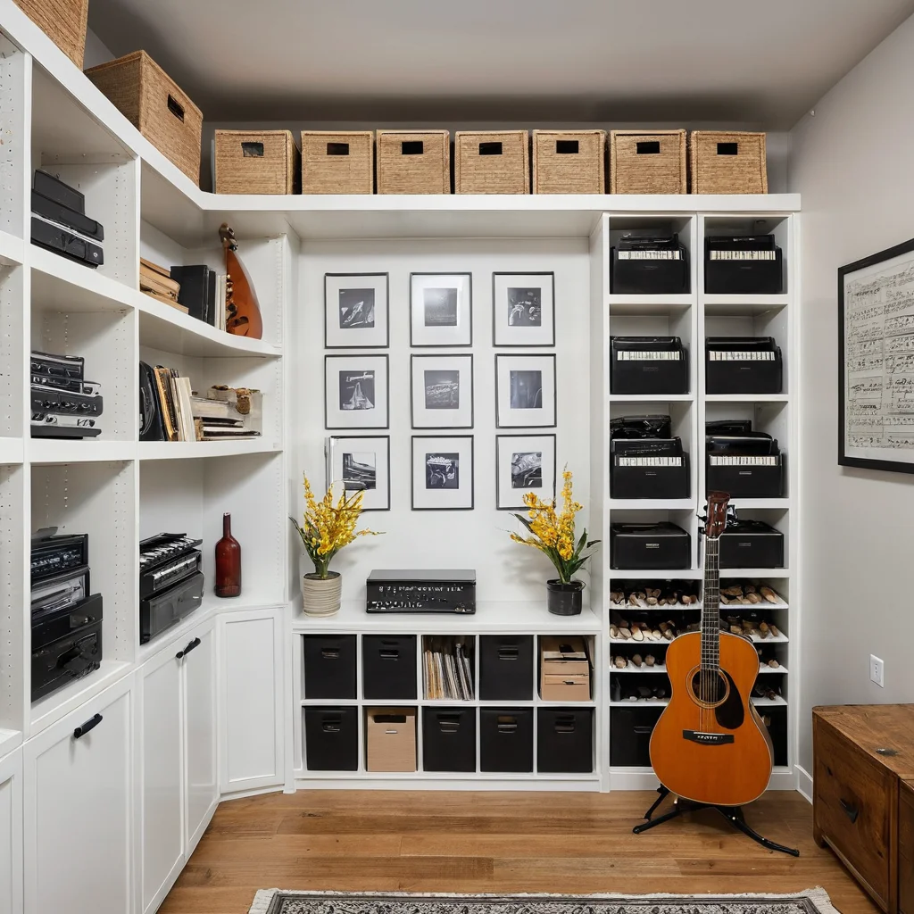 Фотореалистичное изображение организованных систем хранения в небольшой репетиционной студии квартиры: настенные полки с инструментами, шкафы для нот, вертикальное хранение для одежды, демонстрирующее порядок и функциональный дизайн.