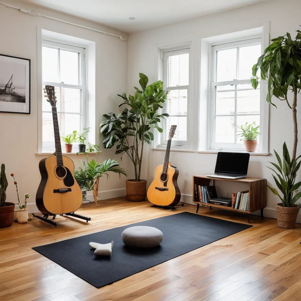 Фотореалистичное изображение уютной, но функциональной репетиционной студии в маленькой квартире, освещенной естественным светом, с минималистичным декором и художественной атмосферой, демонстрирующей продуманную организацию пространства для творчества.