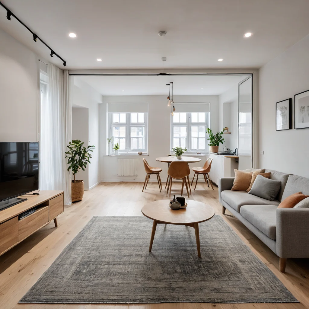 Фотореалистичное изображение визуального зонирования пространства маленькой репетиционной студии квартиры, разделенной мобильной ширмой и ковром на зоны для музыки и танцев, с сохранением ощущения открытости и воздуха.