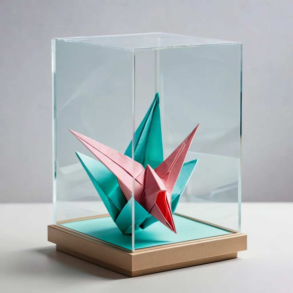 Изображение демонстрирует тщательно сохраненную фигурку оригами, расположенную в прозрачной витрине на полке, рядом лежит чистый лист бумаги, символизируя уход за изделиями и вдохновение для новых творческих проектов.