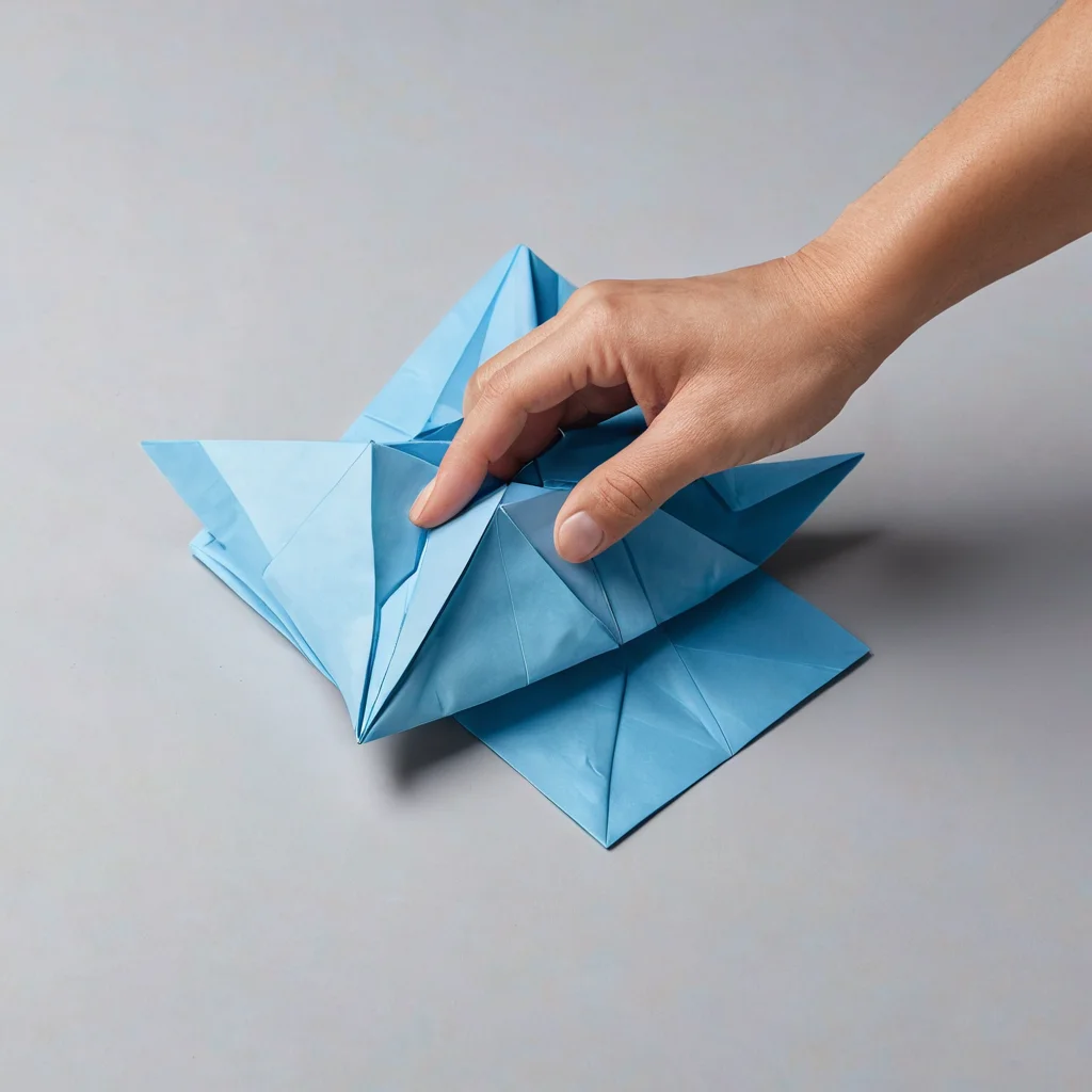 Крупный план руки, указывающей на четкую схему оригами с иллюстрацией базовых складок, рядом лежит частично сложенная бумага, демонстрирующая освоение 'языка' складывания для начинающих.