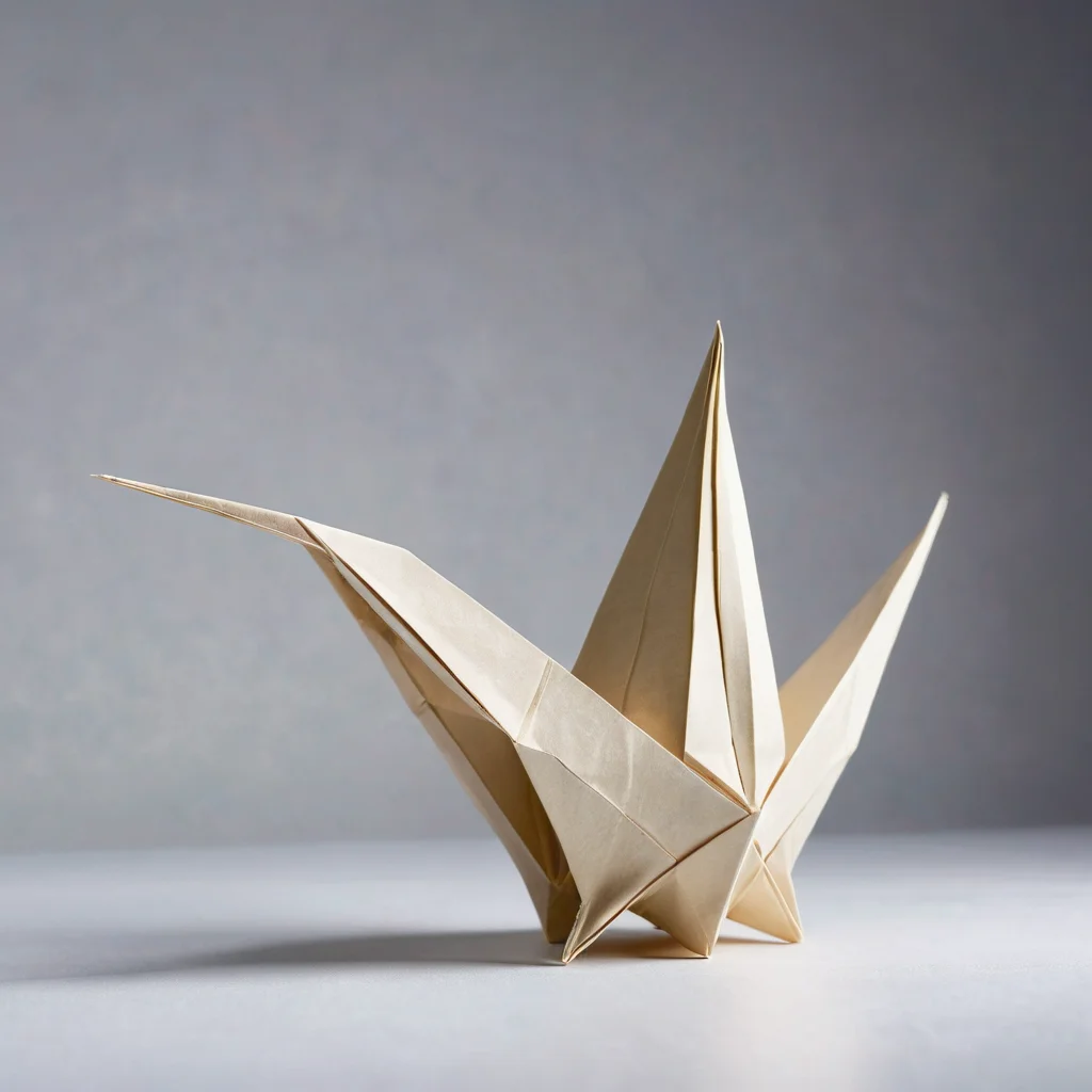 Изображение демонстрирует несколько готовых, искусно сформированных оригами-фигур, элегантно расположенных на светлом фоне, подчеркивая техники придания формы и идеи для эффектной демонстрации готовых изделий.