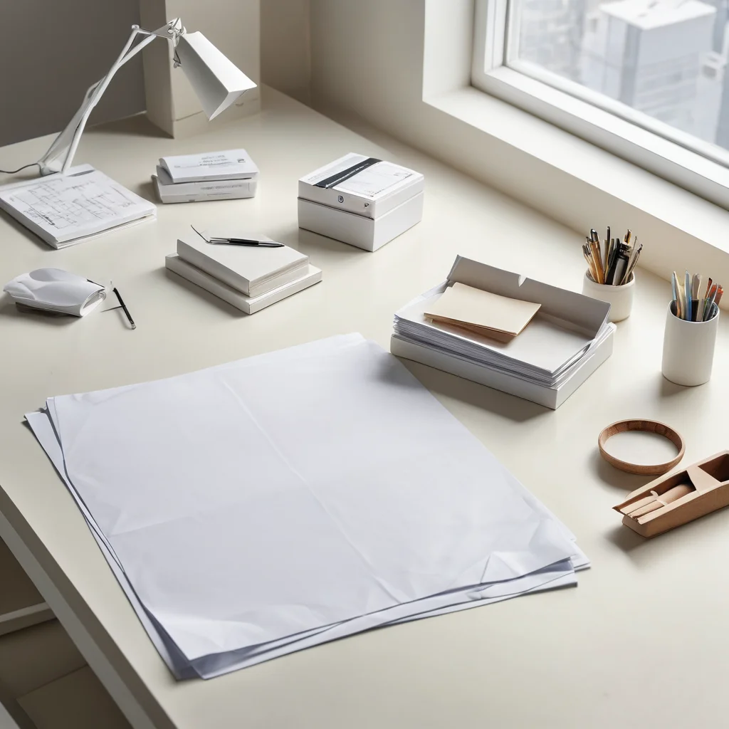 Идеально организованное и хорошо освещенное рабочее место оригамиста: на чистом столе лежит ровный лист бумаги, рядом аккуратно разложены необходимые инструменты, что создает атмосферу точности и комфорта для складывания.