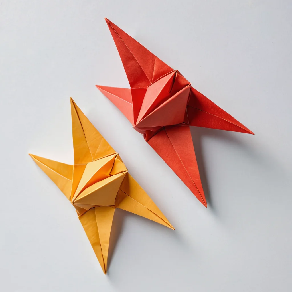 Крупный план двух образцов оригами: один лист бумаги имеет слегка неровные и скругленные складки (типичная ошибка новичка), другой — идеально четкие и острые линии, иллюстрируя секреты безупречного складывания.