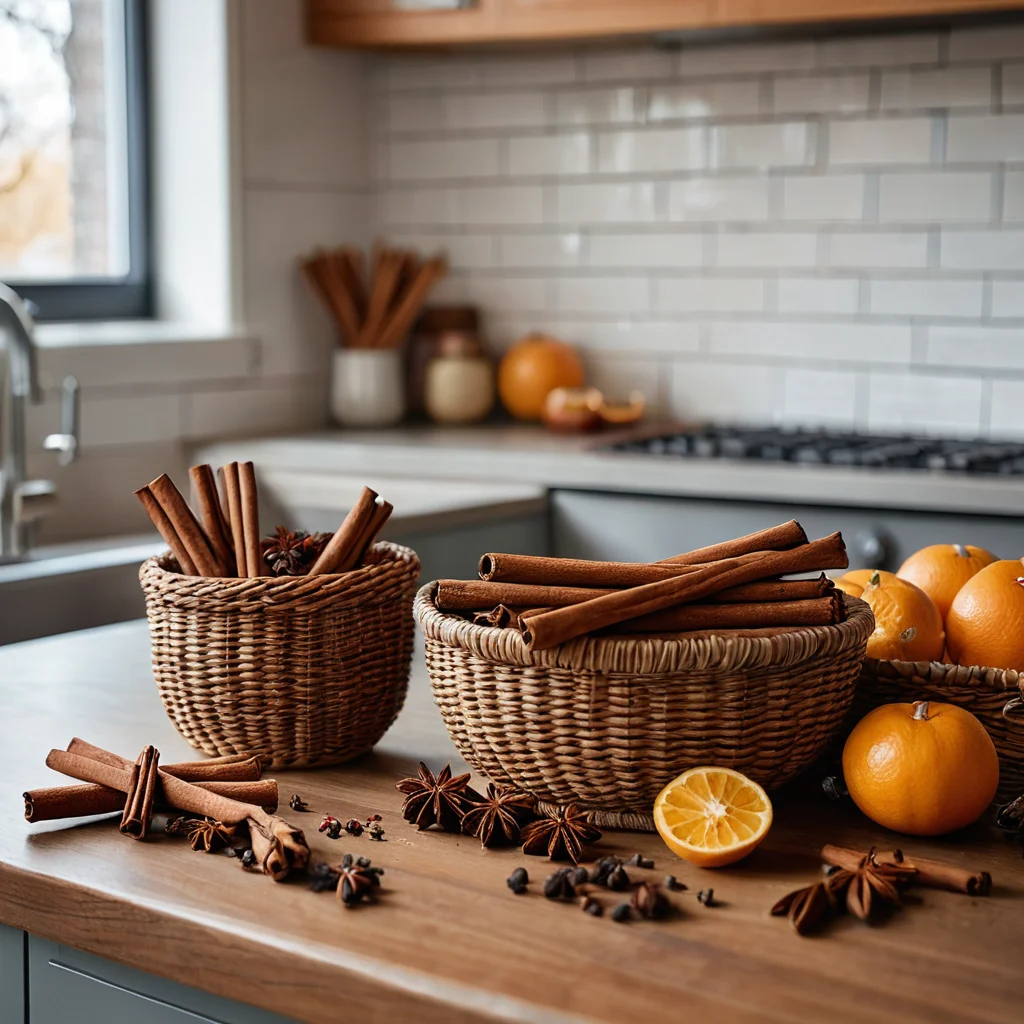 Кухонный прилавок с палочками корицы, звездочками аниса и сушеными дольками апельсина в плетеной корзине, создающий атмосферу осенних ароматов специй и фруктов.